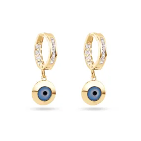 14E00418. - 14 Karat Yellow Gold Dangling Evil Eye Clear CZ 11.5mm Hoop Earrings