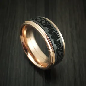 14K Rose Gold and Black Zirconium Celtic Claddagh Band Custom Made Men's Ring