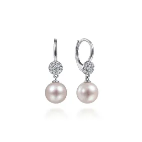 14K White Gold Cluster Diamond Disc and Pearl Drop Earrings