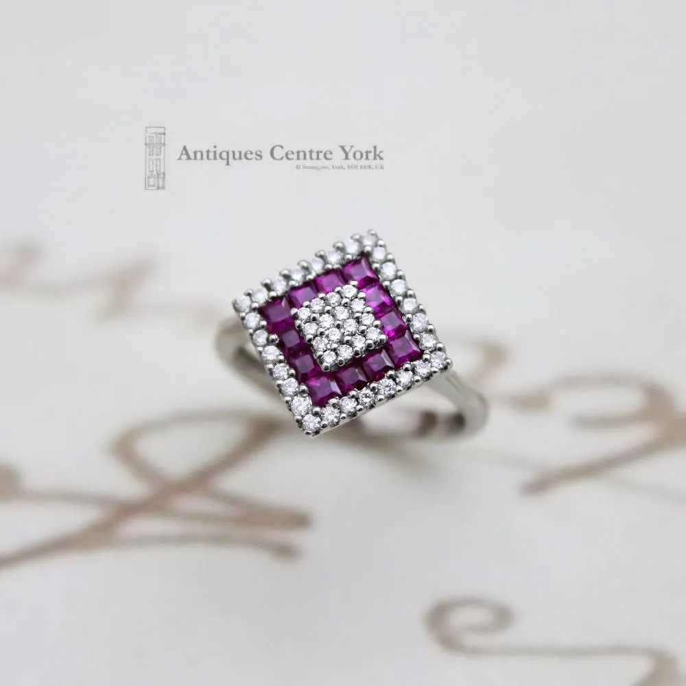 18ct White Gold Ruby & Diamond Square Cluster Ring