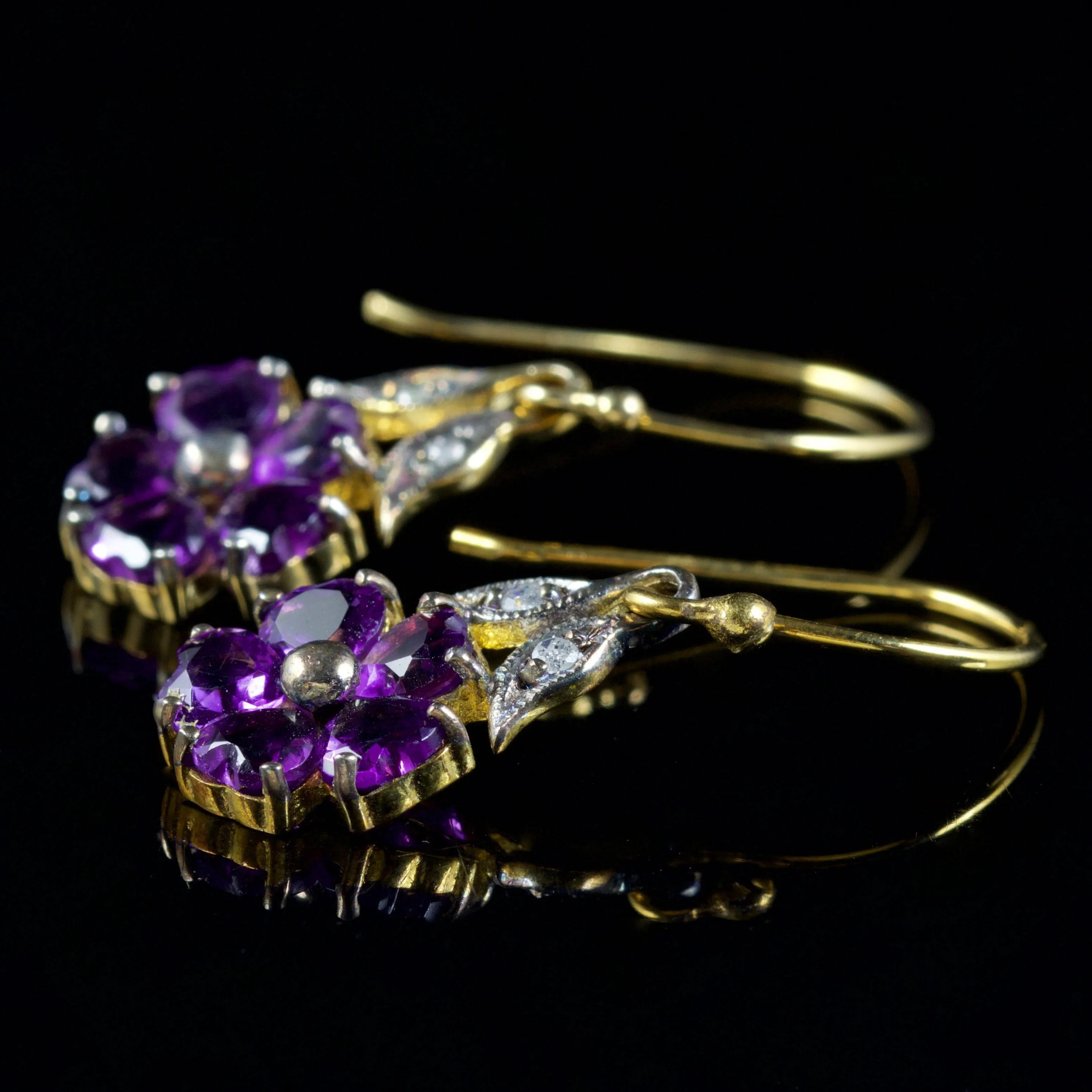 Amethyst Cluster Diamond Drop Earrings 9Ct Gold