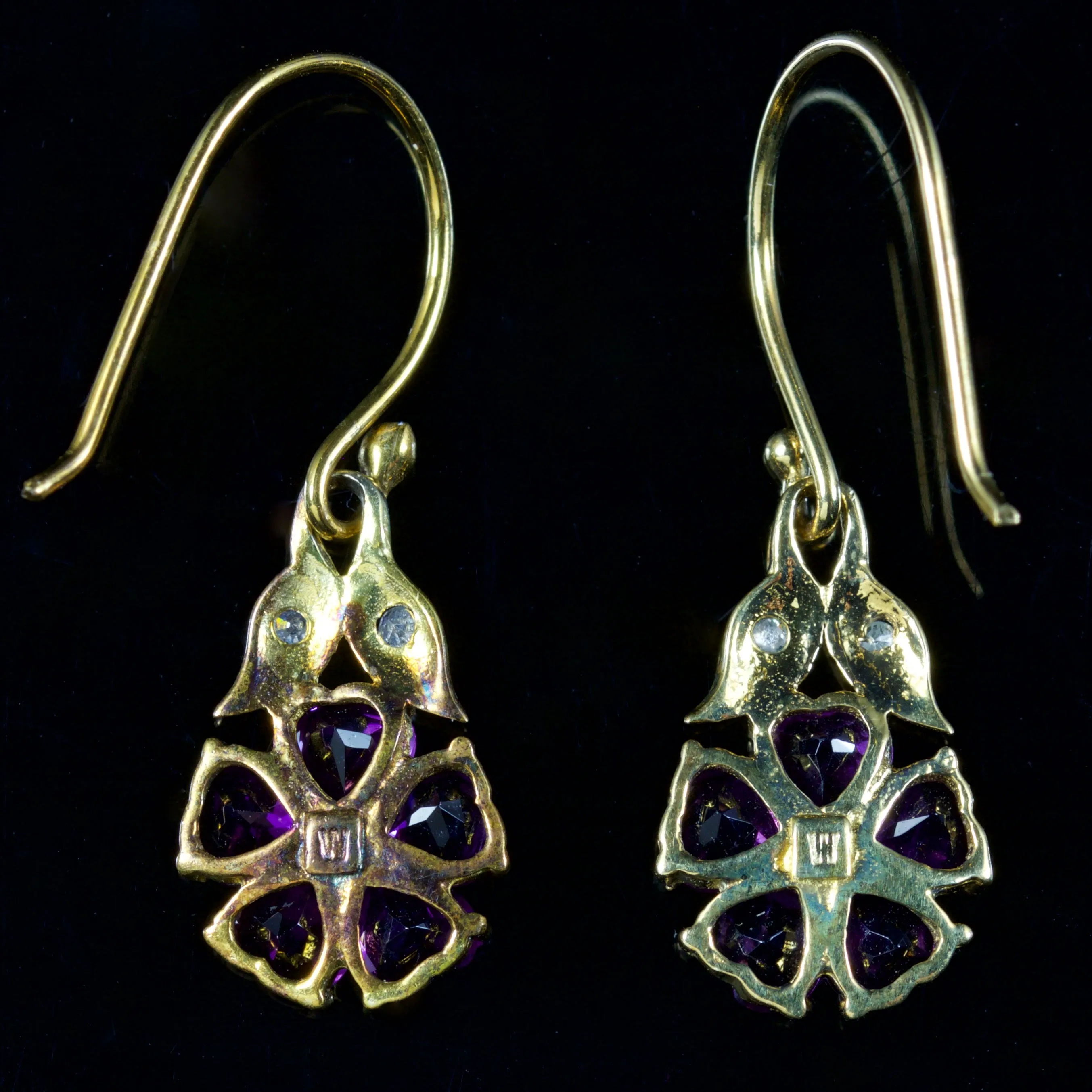 Amethyst Cluster Diamond Drop Earrings 9Ct Gold