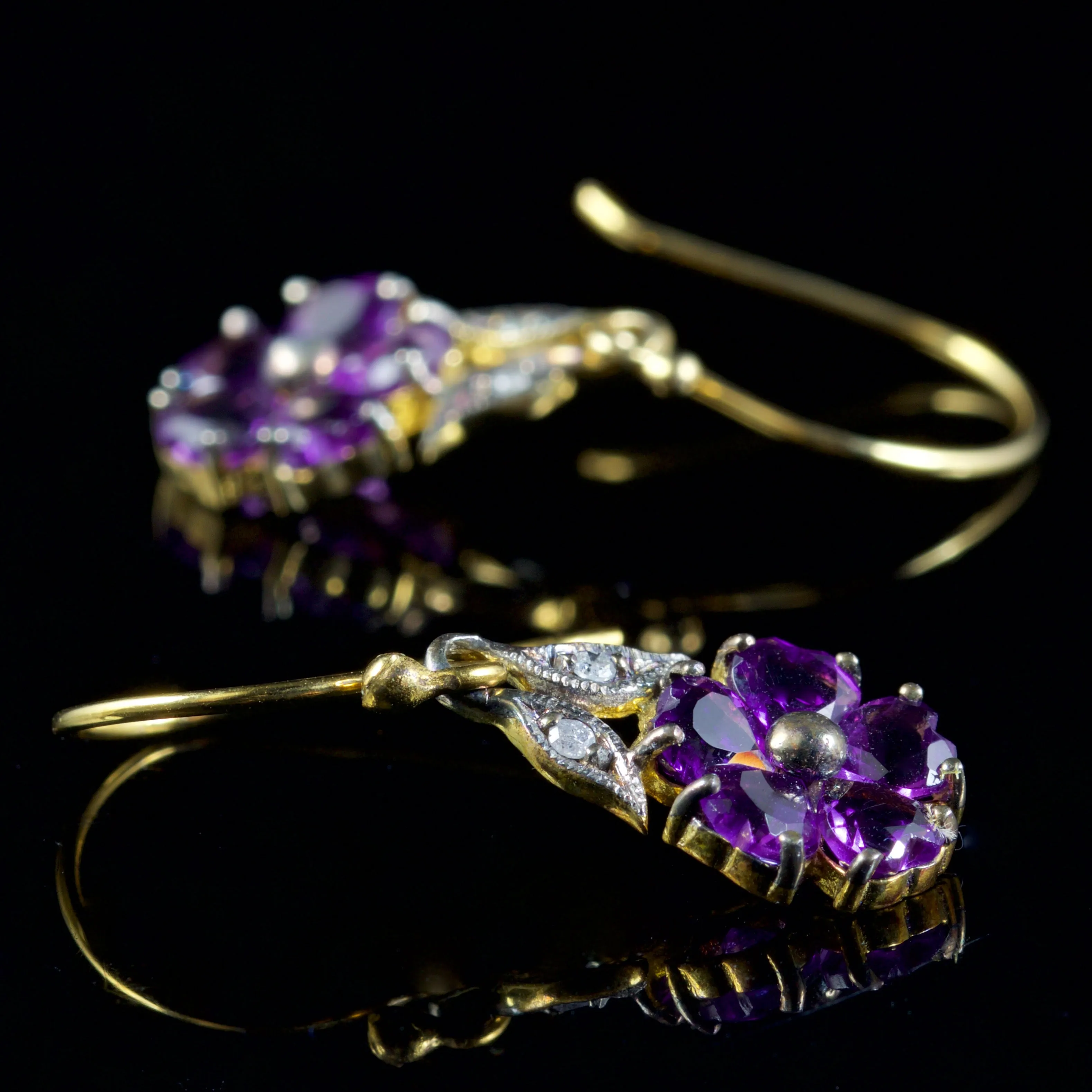 Amethyst Cluster Diamond Drop Earrings 9Ct Gold