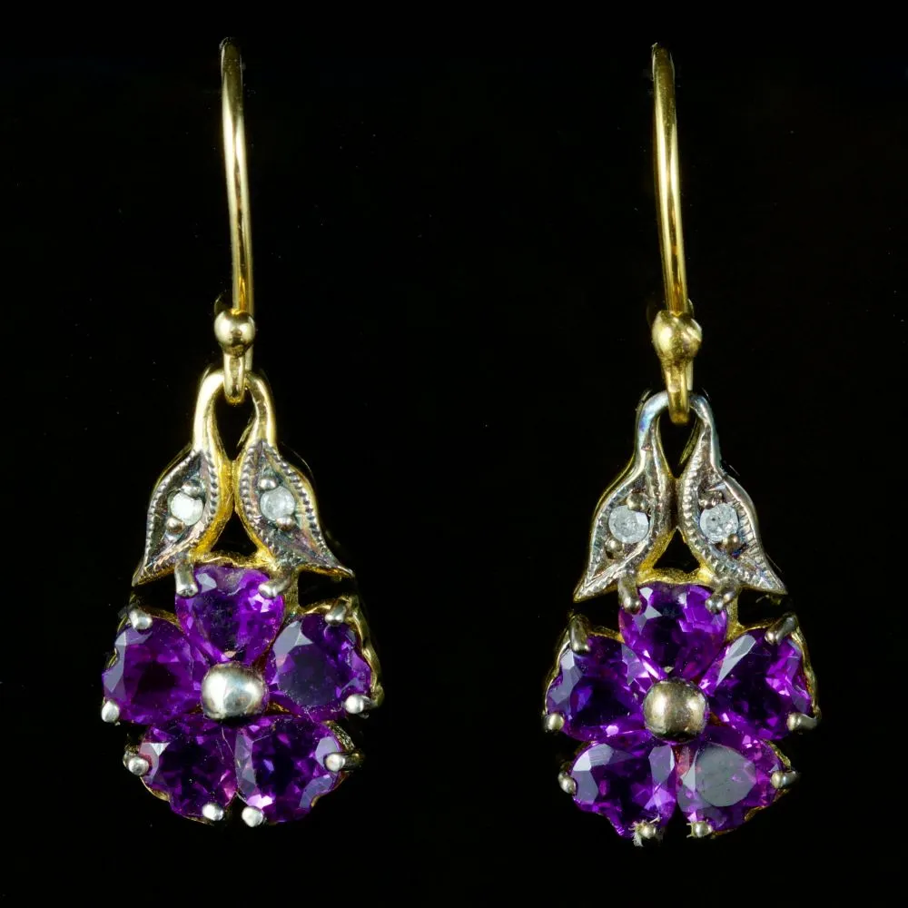 Amethyst Cluster Diamond Drop Earrings 9Ct Gold