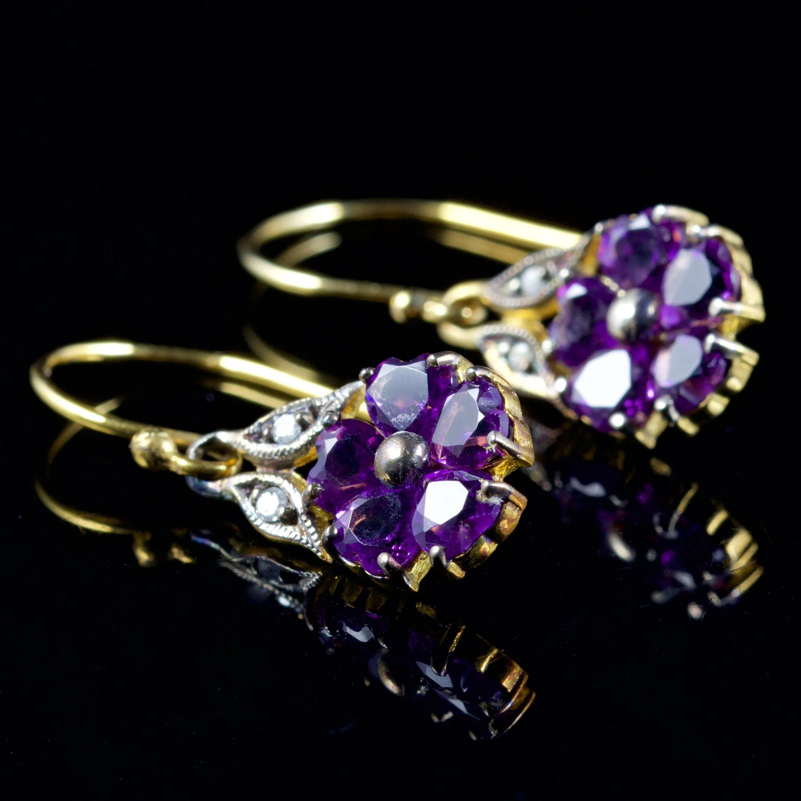 Amethyst Cluster Diamond Drop Earrings 9Ct Gold