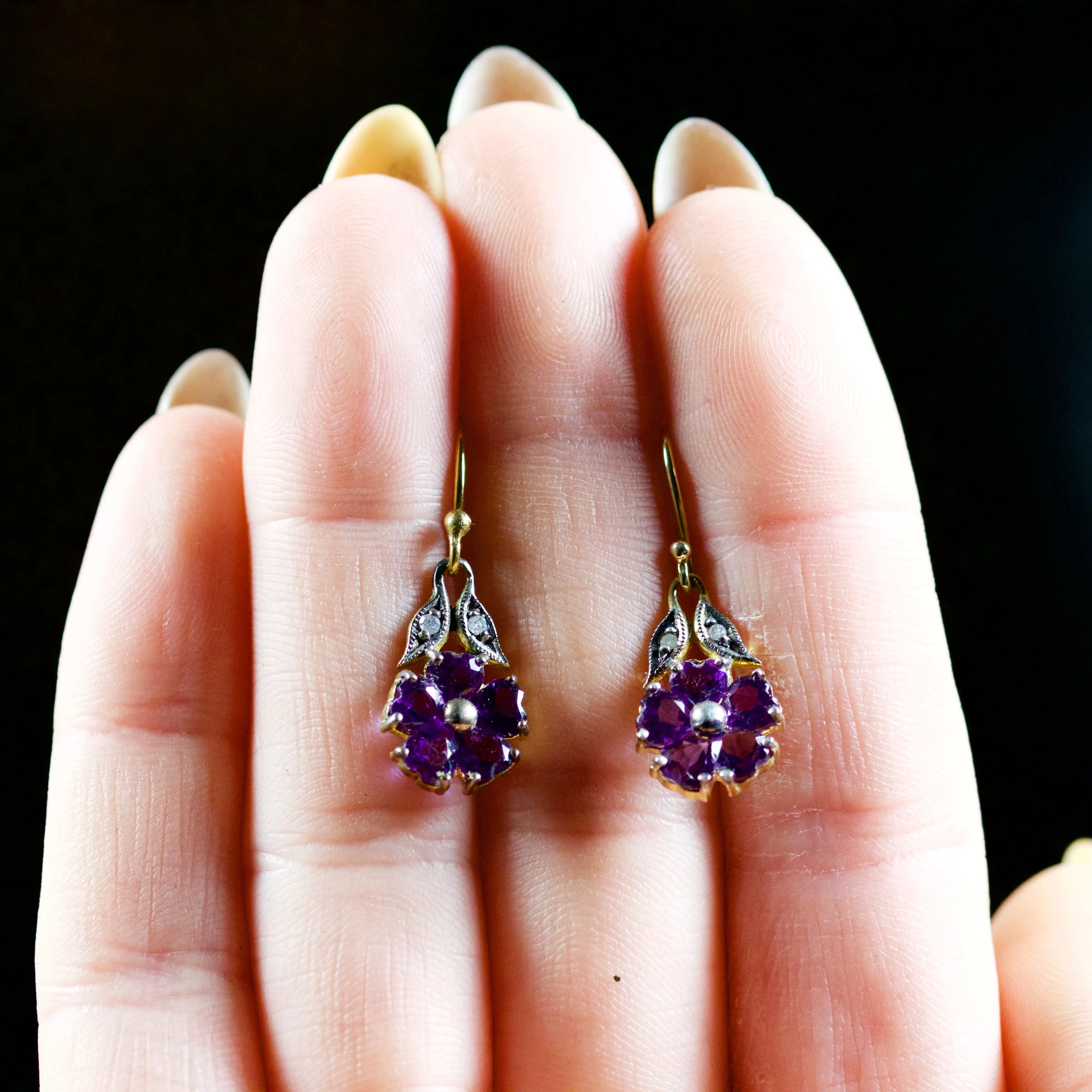 Amethyst Cluster Diamond Drop Earrings 9Ct Gold