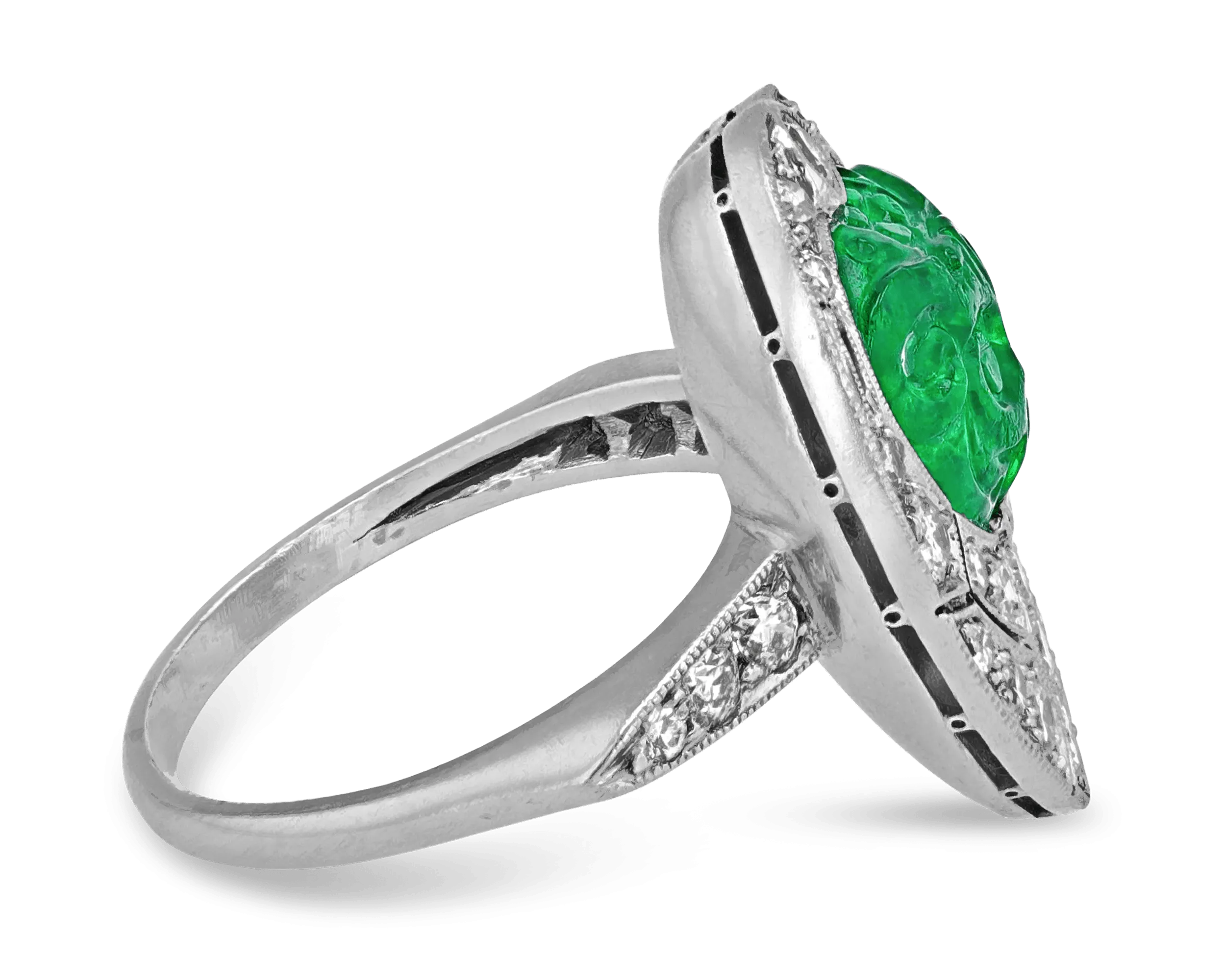 Art Deco Carved Emerald and Diamond Ring