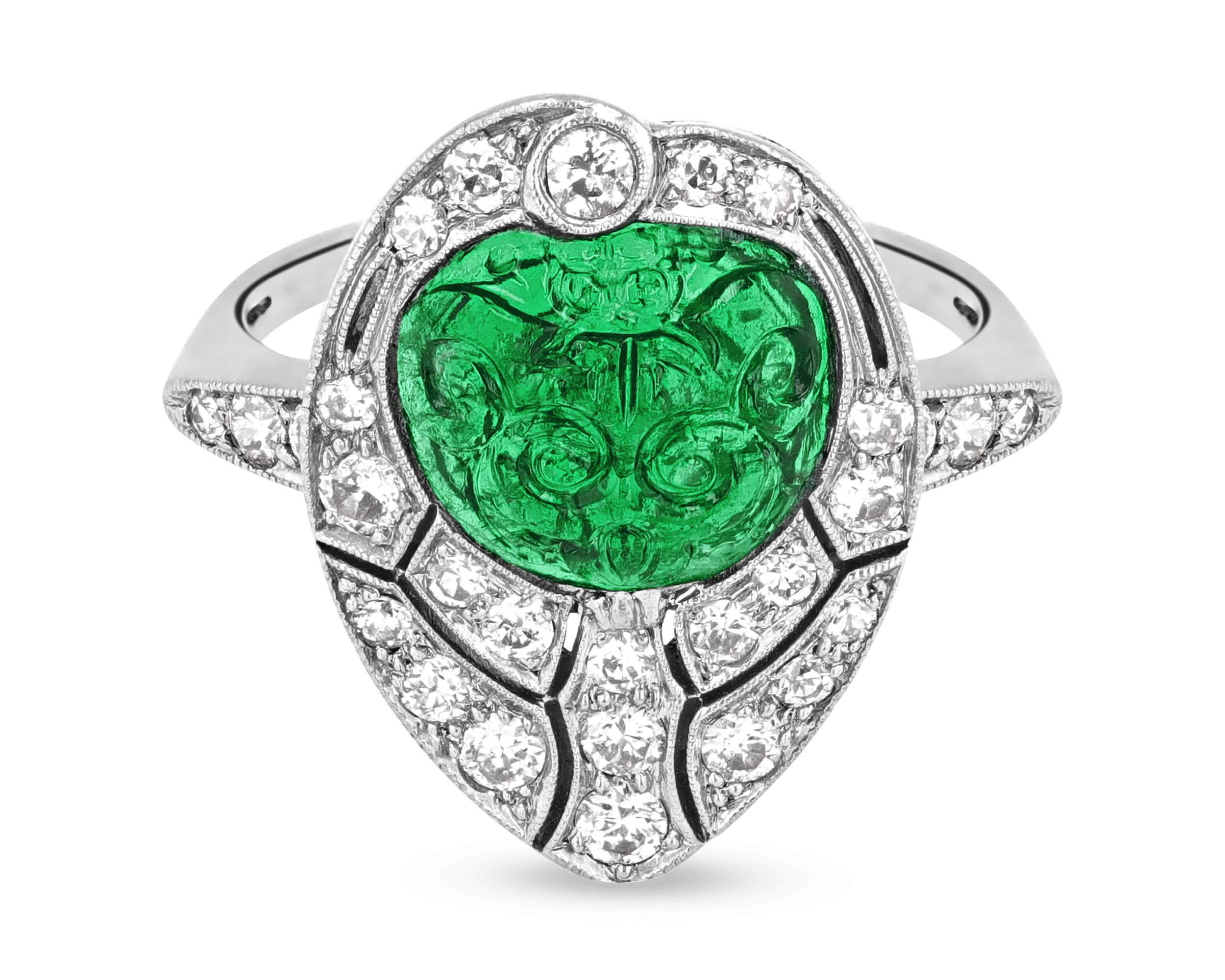 Art Deco Carved Emerald and Diamond Ring