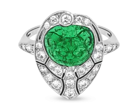 Art Deco Carved Emerald and Diamond Ring