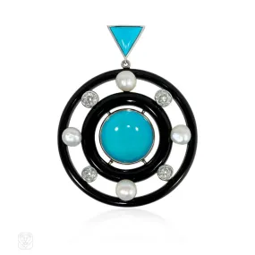 Art Deco onyx, turquoise, diamond, and pearl pendant