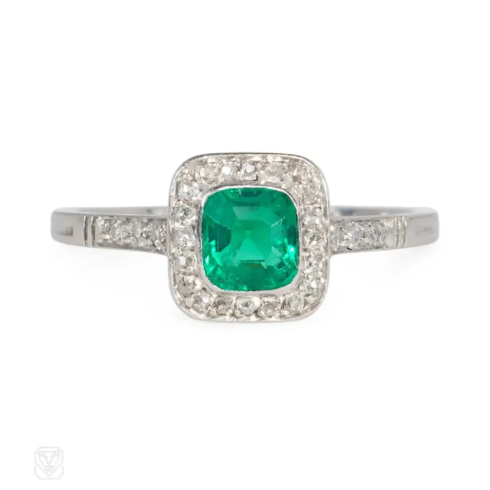 Art Deco square emerald and diamond ring