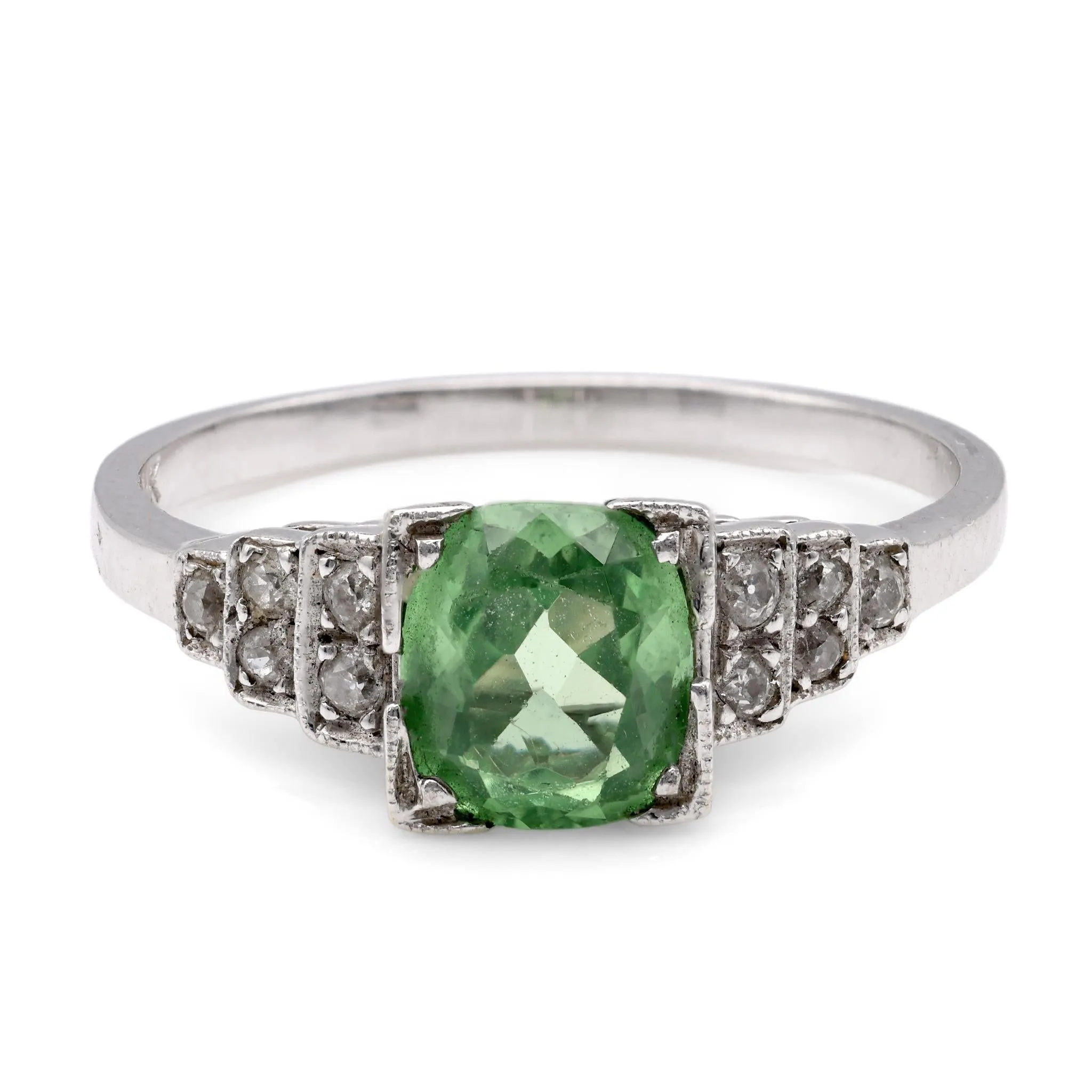 Art Deco Tsavorite Diamond 18K White Gold Garnet Ring