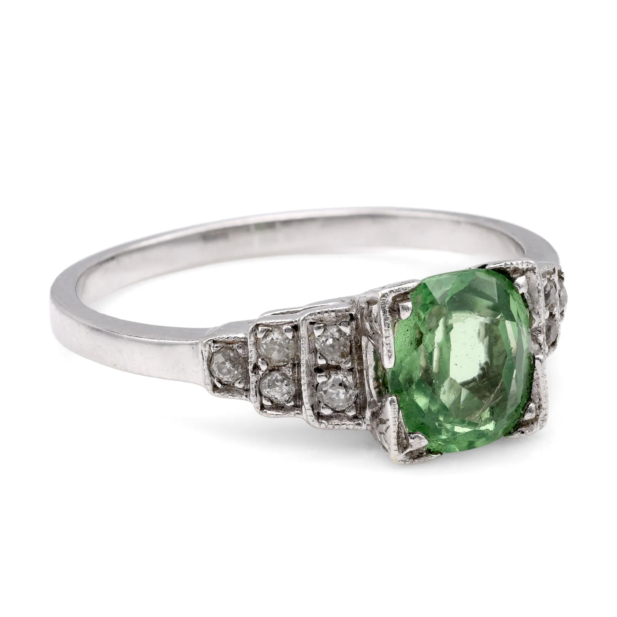 Art Deco Tsavorite Diamond 18K White Gold Garnet Ring