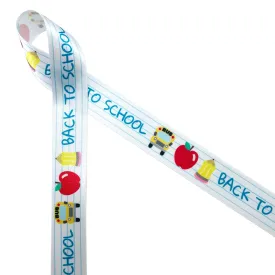 Back to School Ribbon with notebook lines, apples, busses and pencils printed on 7/8"white satin