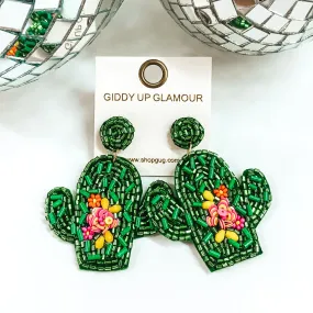 Beaded Cactus Earrings with Beaded Flowers in Green