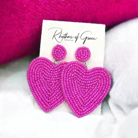 Beaded Heart Earrings - Happy Valentine’s Day, Pink Heart, Heart Earrings, Valentine’s Earrings, Valentine Gift, Love Earrings, Hot Pink