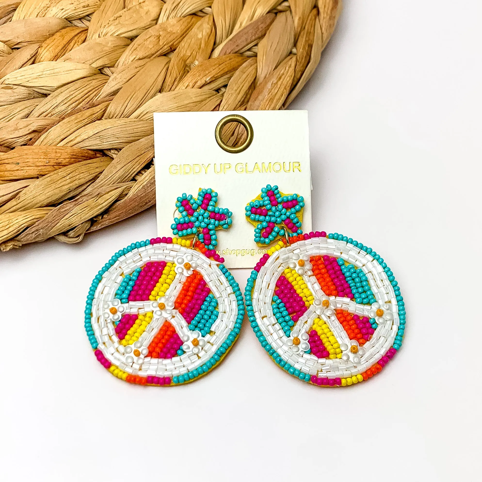 Beaded Peace sign Earrings With Star Post in Multicolor