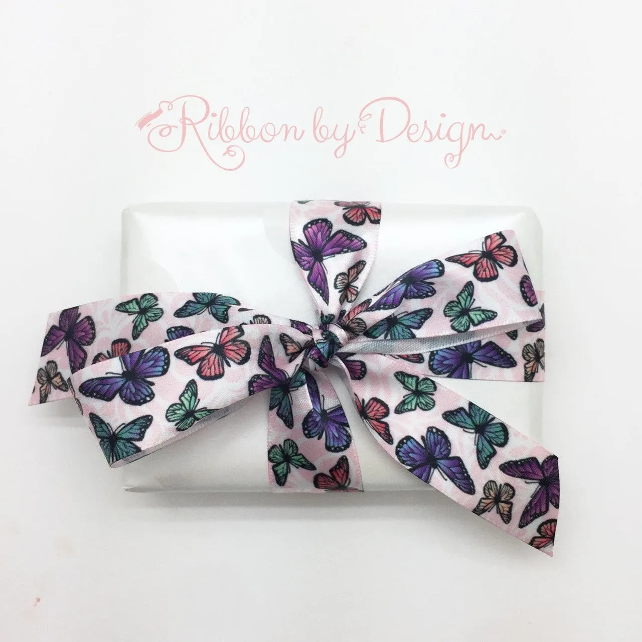 Butterfly Ribbon on 7/8" White single face satin