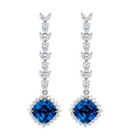 Cushion Cut Sapphire and Diamond Cluster Drop Earrings