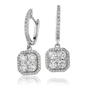 DIAMOND CLUSTER AND HALO DROP EARRINGS IN 18K WHITE GOLD