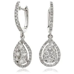 DIAMOND CLUSTER AND HALO DROP EARRINGS IN 18K WHITE GOLD