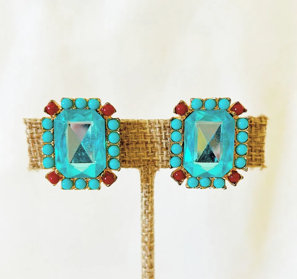 Fabulous vintage turquoise rhinestone stone earrings with turquoise