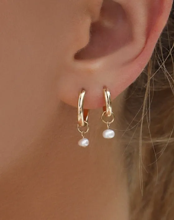 Freshwater Pearl Thick Hoop Earrings - 14k Yellow Gold Fill