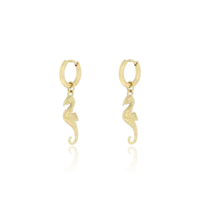 Gold coloured hoop earrings with sea horse charm