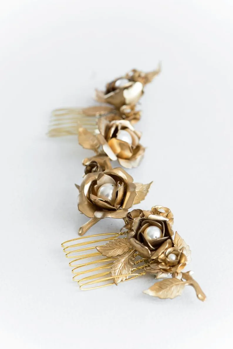 Gold flower hair comb, gilded roses hair vine - Roselle