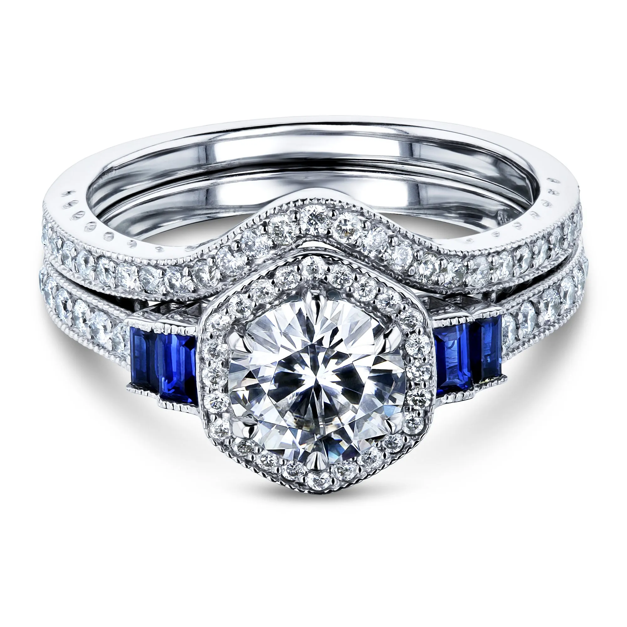 Hexagon Halo Blue and White Bridal Set 14k Gold (1 3/4 CTW)