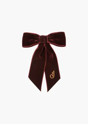 Initial Wide Velvet Bow Barrette -- Pinot