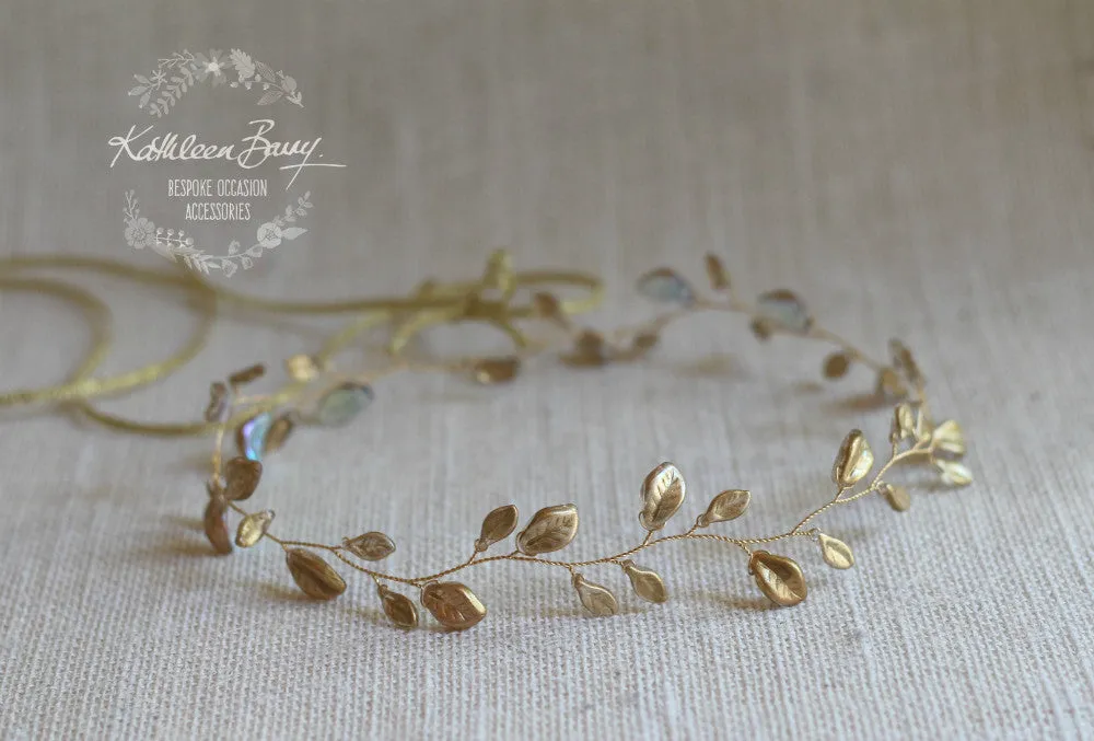 Jaune metallic leaf hair vine, wreath - Custom colors to order are Rose gold, gold, Silver