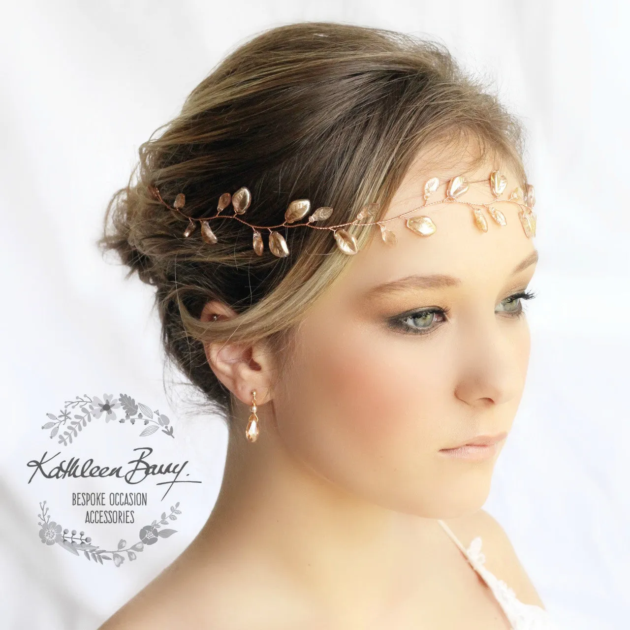 Jaune metallic leaf hair vine, wreath - Custom colors to order are Rose gold, gold, Silver