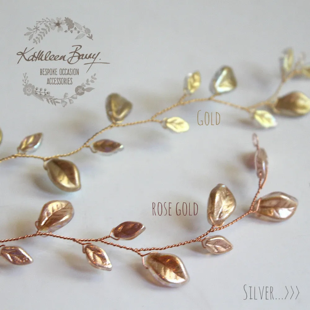 Jaune metallic leaf hair vine, wreath - Custom colors to order are Rose gold, gold, Silver