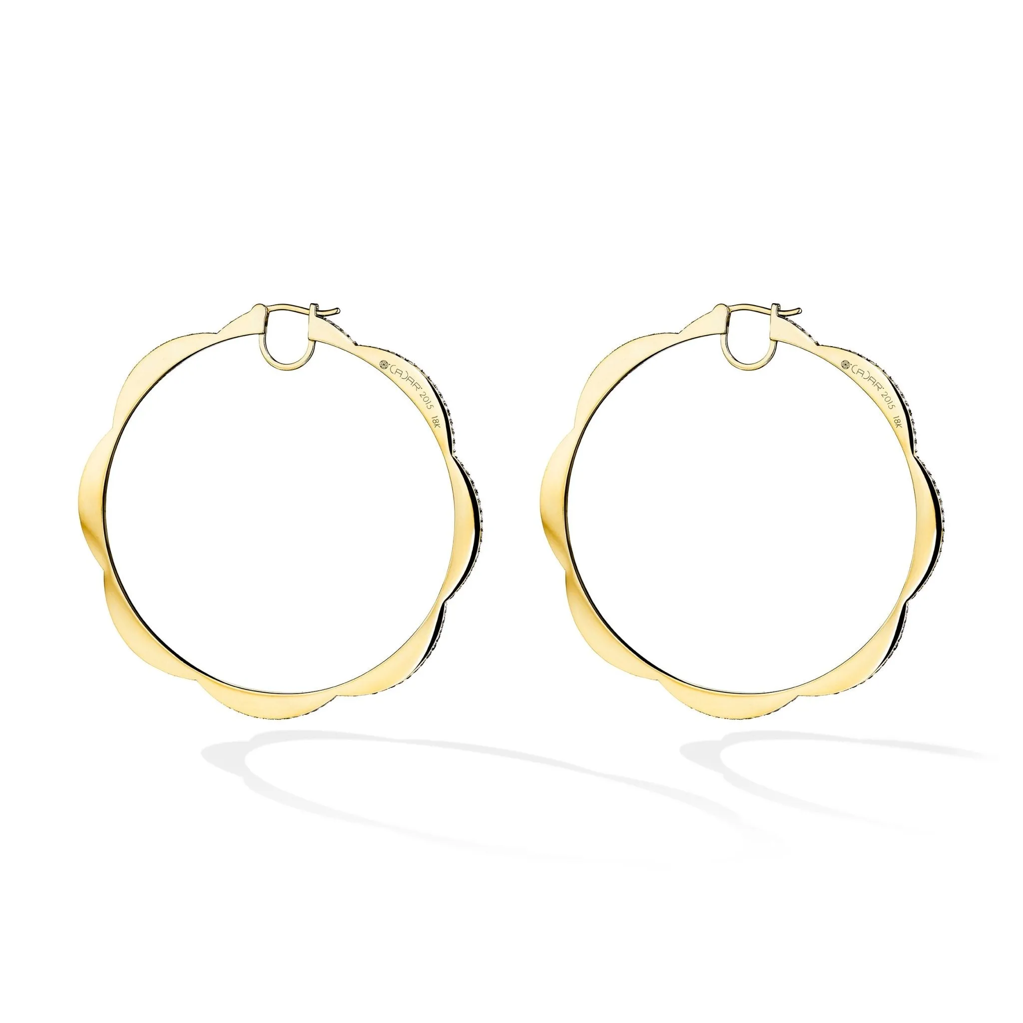 Jumbo Yellow Gold Triplet Hoop Earrings with Black and White Diamonds