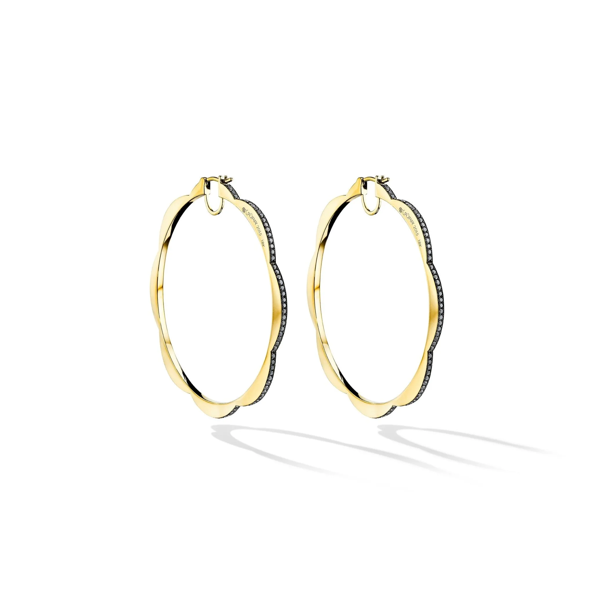 Jumbo Yellow Gold Triplet Hoop Earrings with Black and White Diamonds