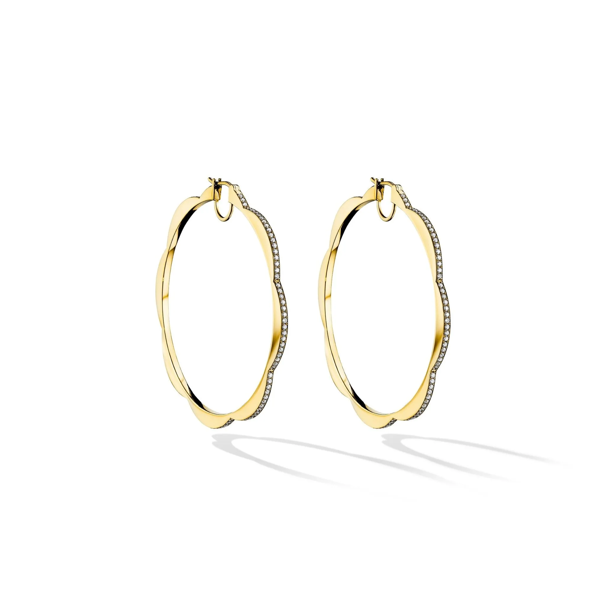 Jumbo Yellow Gold Triplet Hoop Earrings with Black and White Diamonds