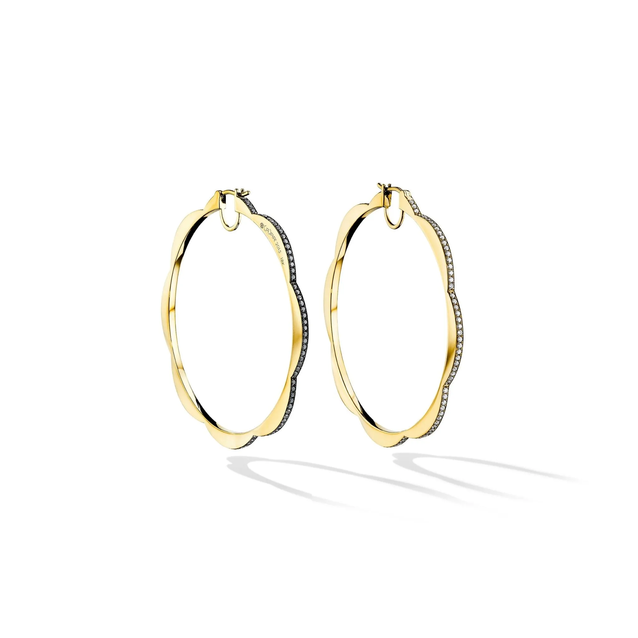 Jumbo Yellow Gold Triplet Hoop Earrings with Black and White Diamonds