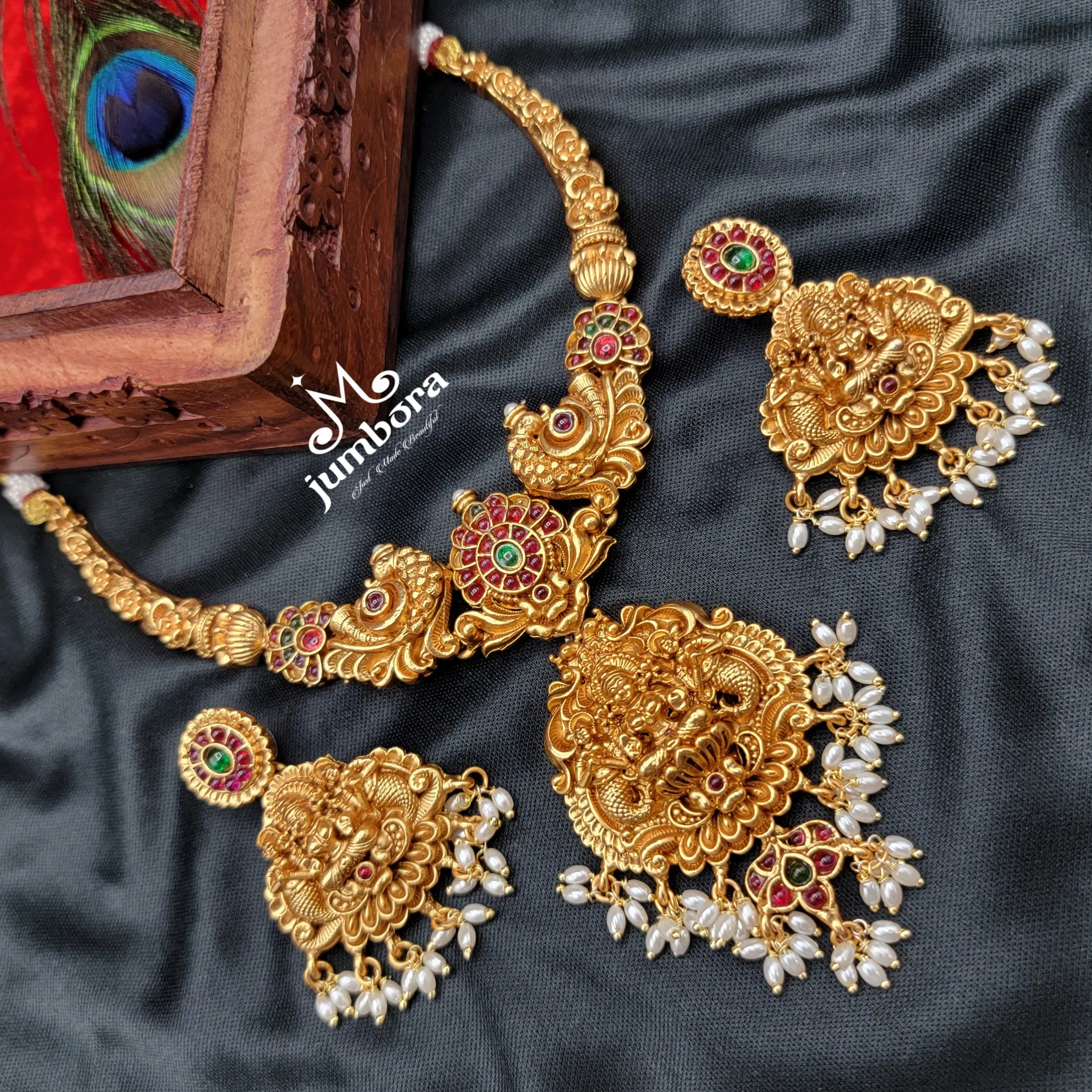 Kaante Style Kempu Lakshmi Necklace Set Temple Jewelry