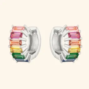 Lux Rainbow Baguette Huggie Hoop Earrings (Silver)