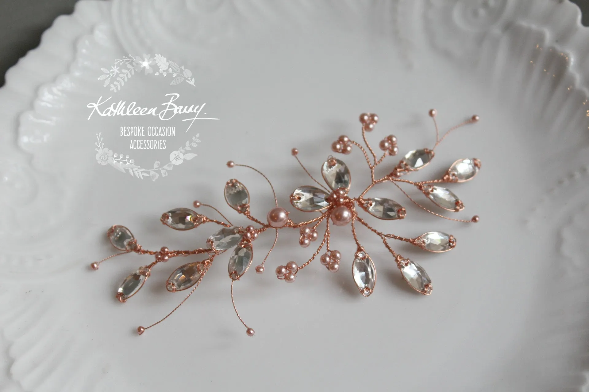 Marelize pearl & Rhinestone leaf hairpiece - available in Silver, gold, rose gold & copper plated finish