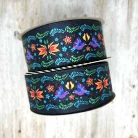 Mexican Floral Ribbon flowers of orange and turquoise with purple birds and green flora on a black background printed on 1.5" satin and grosgrain