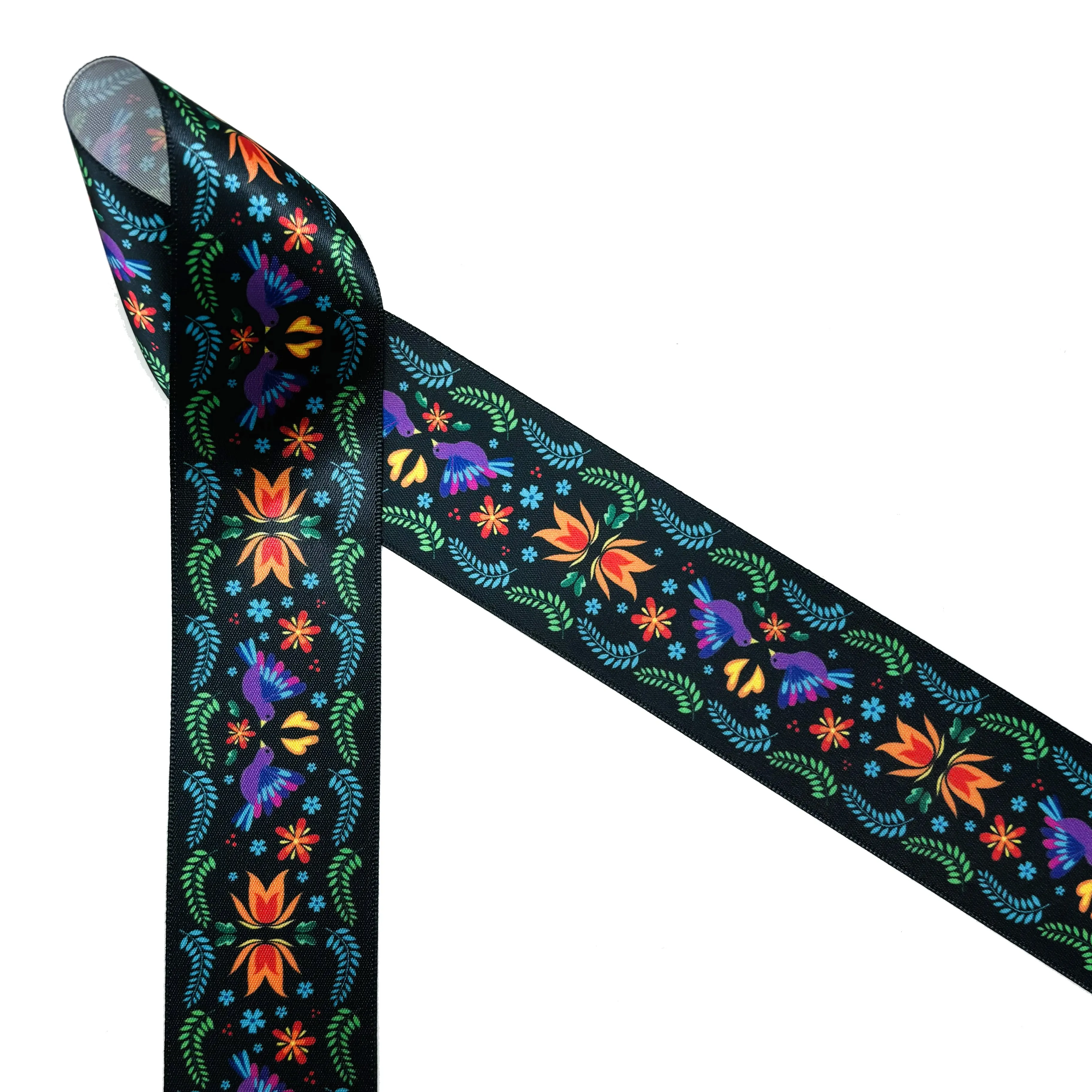 Mexican Floral Ribbon flowers of orange and turquoise with purple birds and green flora on a black background printed on 1.5" satin and grosgrain