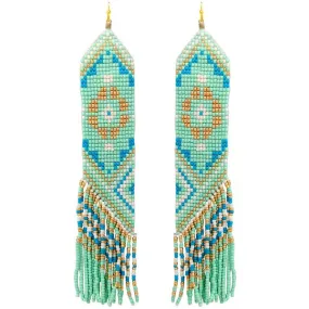 MULTICOLOR SEED BEAD TASSEL LONG DROP DANGLE EARRINGS - MINT