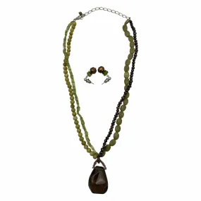 NECKLACE Multi-strand Beaded Necklace & Earring Set - Sage & Bronze