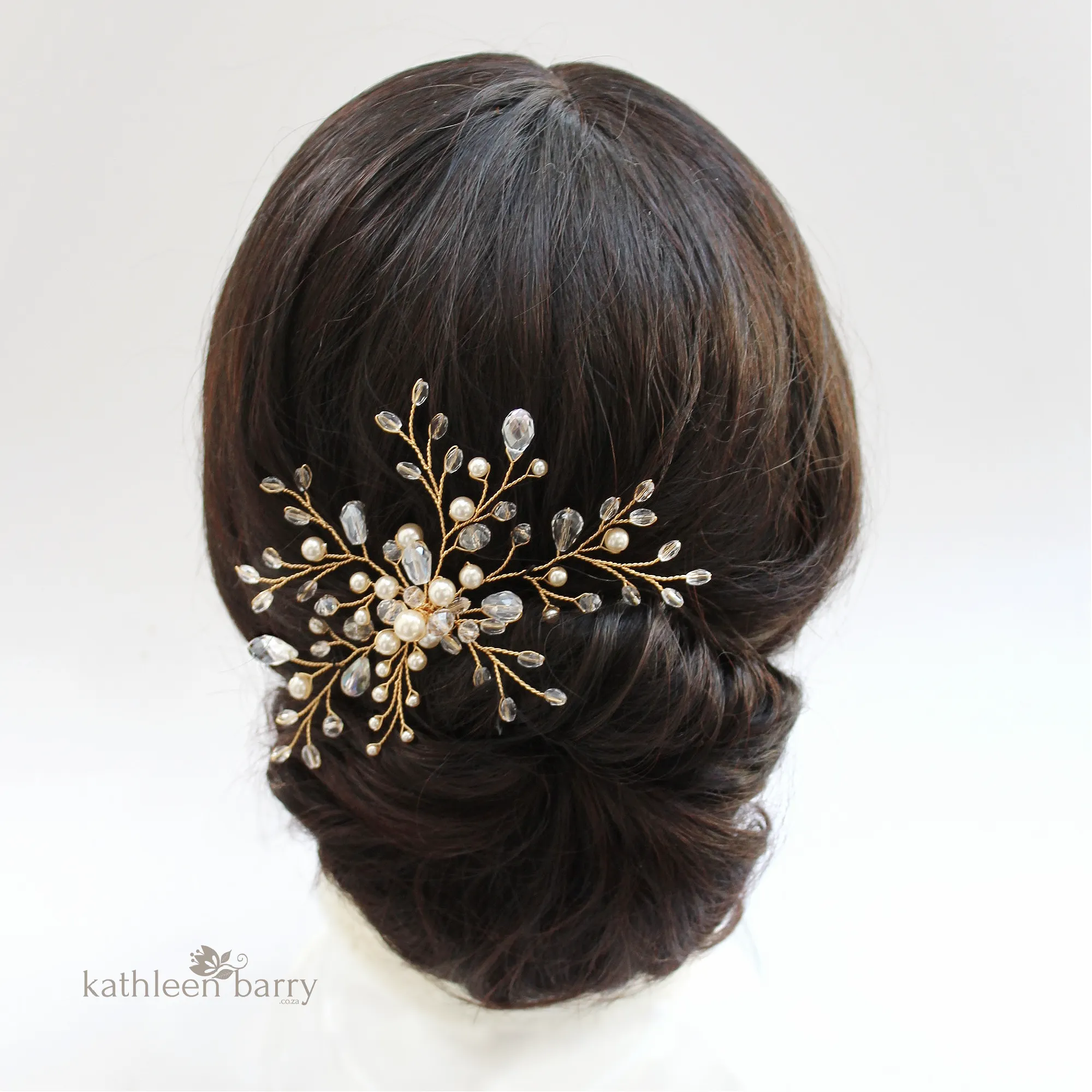 Nicole Bridal Hairpiece - Crystal & Pearl, wedding hair accessory available in Rose gold, gold or silver pearl colors to order