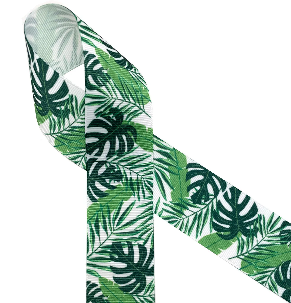 Palm Frond Ribbon tropical leaves in shades of green printed on  7/8" and 1.5"  white grosgrain