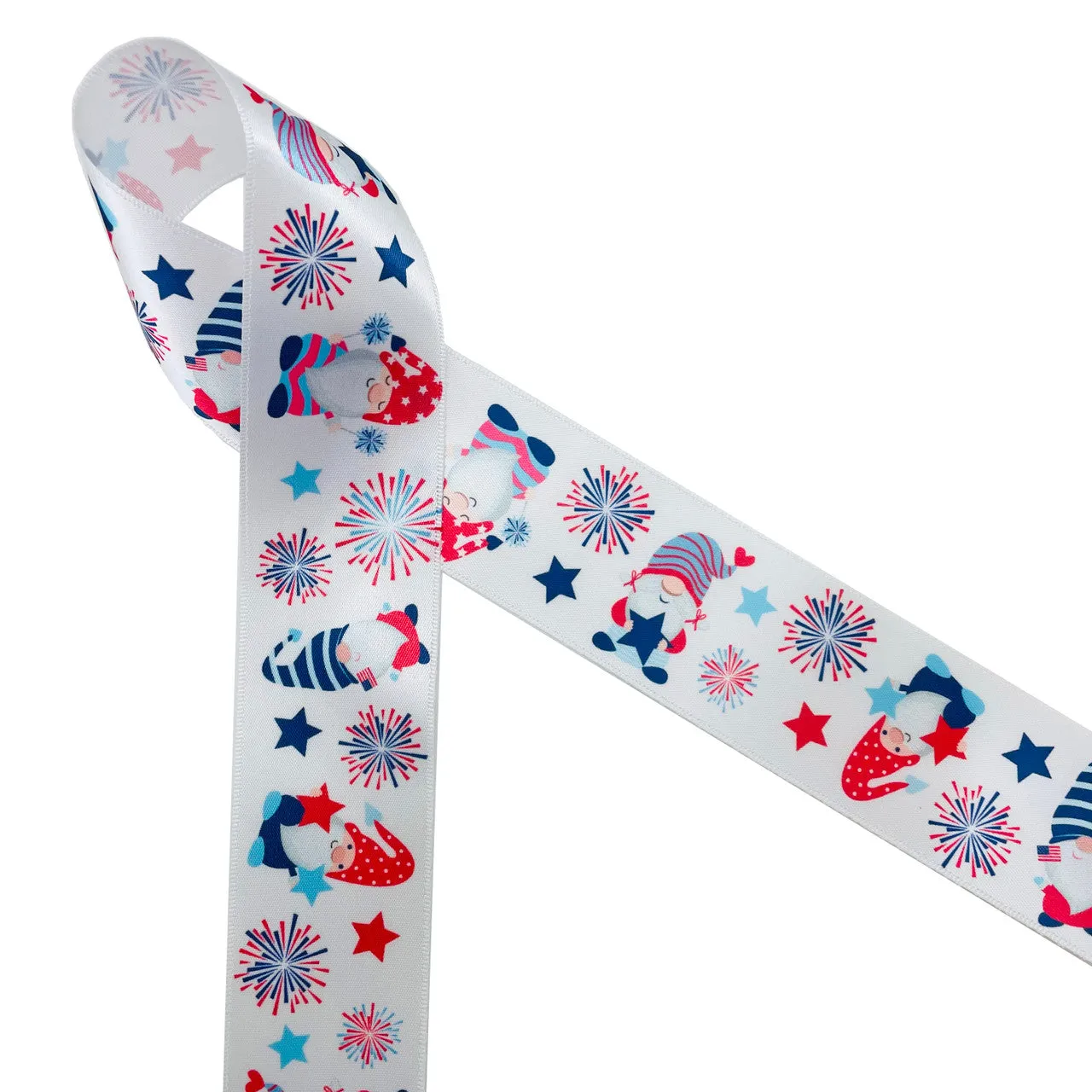 Patriotic Gnome ribbon for 4th of July,  printed on 1.5" white satin