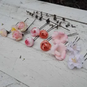 Peony single flower hair pins Wedding floral accessories Pink bridal hair pins Peach wedding accessories