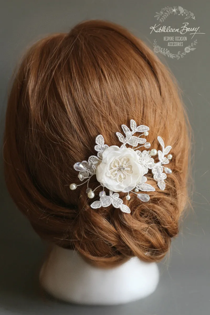 Phoebe Lace flower hair clip - wedding hair piece ivory - Clip only